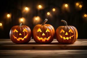 Three lit jack-o-lanterns displayed on a wooden table isolated on a white background photo