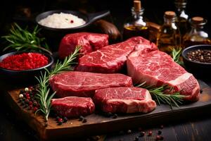 Raw cuts of meat dry aged beef steaks and hamburger patties in a varied assortment photo