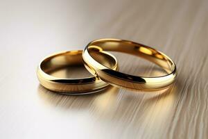 Gold wedding rings on white background photo