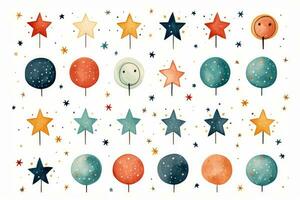 Collection of stars pencil outline effect hand drawn doodles with pencils realistic high quality textured paintbrush circle frames ink splatters and vector illustration photo