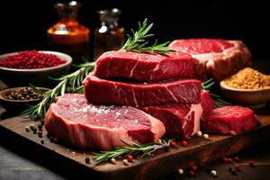 Raw cuts of meat dry aged beef steaks and hamburger patties in a varied assortment photo