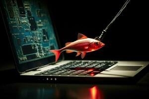 Cybercrime Phishing concept depicted with credit card and large fish hook on computer keyboard background photo