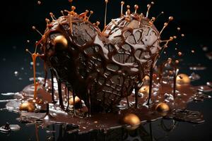 Chocolate in the form of a heart with splashes. Melted chocolate syrup on dark background. photo