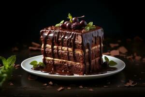 Piece of chocolate cake with chocolate syrup, black background photo