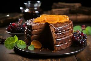 Brownie chocolate cake with fruit slices photo