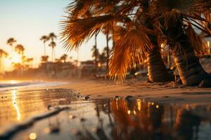 sunset on the beach with palm trees photo