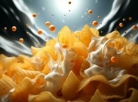 Chips and milk splash on a grey background photo