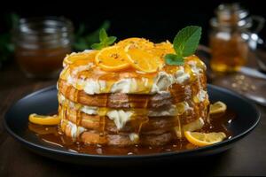 Pancakes stacked with different berries and honey isolated on white background photo