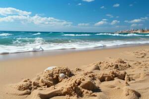 Beautiful tropical empty beach sea ocean with white clouds on blue sky background photo