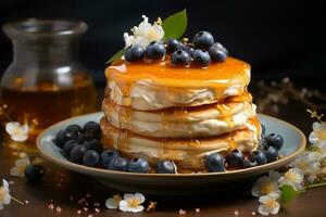 Biscuit honey layers with pastry cream. Tasty dessert square cake photo