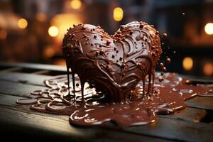 Chocolate in the form of a heart. Melted chocolate syrup on dark background. photo