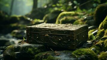 An antique mystery box is hidden in the forest photo