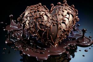 Chocolate in the form of a heart with splashes. Melted chocolate syrup on dark background. photo