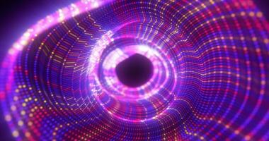 Abstract purple energy tunnel made of particles and a grid of high-tech lines with a glowing background effect photo