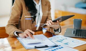 Project manager working and update tasks with milestones progress planning and Gantt chart scheduling diagram. business working with smart phone, tablet and laptop photo