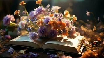 Natural beautiful flowers lie on the pages of an open book against the backdrop of nature. AI generated photo