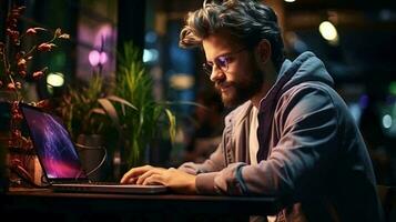 A man sits at a table and works on a laptop computer. AI generated photo