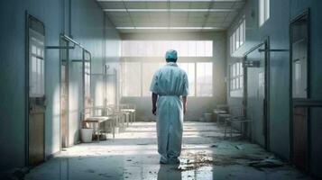 Doctor medical worker stands in the corridor in the hospital medical facility view from the back. AI generated photo