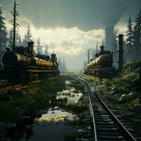 The train rides on rails and delivers goods and people by rail. AI generated photo