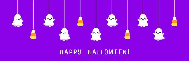 Happy Halloween border banner with ghost and candy corn hanging from spider webs. Spooky Ornaments Decoration Vector illustration, trick or treat party invitation