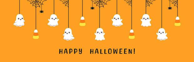 Happy Halloween border banner with ghost and candy corn hanging from spider webs. Spooky Ornaments Decoration Vector illustration, trick or treat party invitation