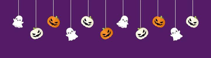 Happy Halloween border banner with ghost and jack o lantern pumpkins hanging from spider webs. Dangling Spooky Ornaments Decoration Vector illustration, trick or treat party invitation