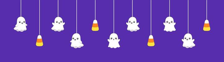 Happy Halloween border banner with ghost and candy corn hanging from spider webs. Spooky Ornaments Decoration Vector illustration, trick or treat party invitation