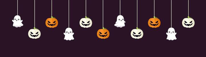 Happy Halloween border banner with ghost and jack o lantern pumpkins hanging from spider webs. Dangling Spooky Ornaments Decoration Vector illustration, trick or treat party invitation