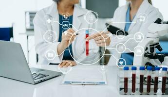Scientist two woman with tablet and laptop, laboratory and ecofriendly science. Agriculture, research and scientists with online reading, test samples for global warming, analytics and tech. photo