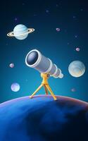 Telescope in outer space with cartoon style, 3d rendering. photo