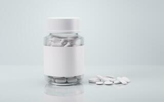 médico píldora botella con salud cuidado concepto, 3d representación. foto