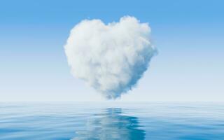 Heart shape soft cloud with water surface, 3d rendering. photo