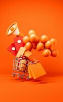 Cartoon shopping cart with shopping theme, 3d rendering. photo