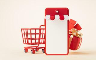 Online market store with cartoon style, 3d rendering. photo