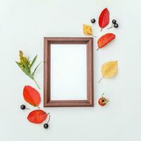 Autumn floral composition. Vertical frame mockup chokeberry rowan berries colorful leaves dogrose flowers on white background. Fall natural plants ecology concept. Flat lay top view, copy space photo