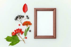 Autumn floral composition. Vertical frame mockup chokeberry rowan berries colorful leaves dogrose flowers on white background. Fall natural plants ecology concept. Flat lay top view, copy space photo