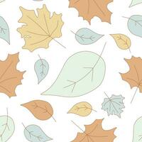 Seamless Flat pattern with pastel leaves. Vector linear foliage background. Color illustration for Textile, Wrapping paper, Banner, Print, Colorful Wallpaper, Cloth. Maple and birch leaf illustration.