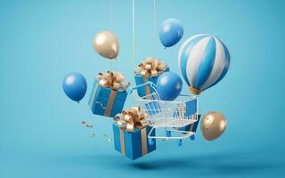 Gift box and shopping cart, 3d rendering. photo