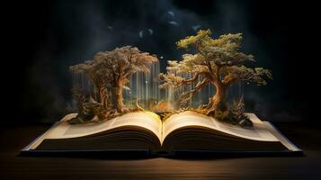 Mystical forest. Opened book with magic tree on dark background. Generative AI photo