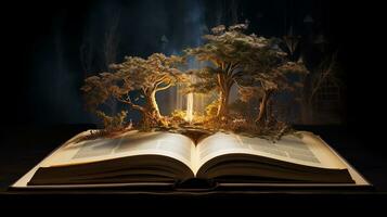 Mystical forest. Opened book with magic tree on dark background. Generative AI photo