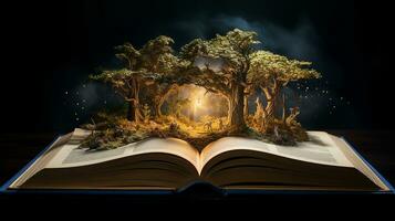 Mystical forest. Opened book with magic tree on dark background. Generative AI photo