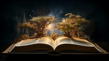 Mystical forest. Opened book with magic tree on dark background. Generative AI photo