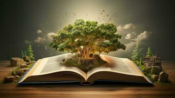 Mystical forest. Opened book with magic tree on dark background. Generative AI photo