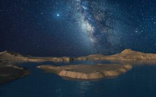 Soil land and lake with milky way at night, 3d rendering. photo