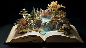 Fantasy landscape with a waterfall in the open book on dark background. Generative AI photo