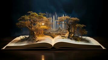 Fantasy landscape with a waterfall in the open book on dark background. Generative AI photo