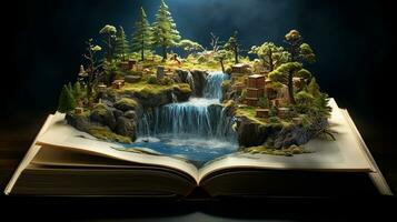 Fantasy landscape with a waterfall in the open book on dark background. Generative AI photo