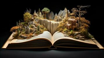 Fantasy landscape with a waterfall in the open book on dark background. Generative AI photo