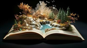 Fantasy landscape with a waterfall in the open book on dark background. Generative AI photo