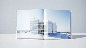 abierto revista con moderno y minimalista edificio y azul cielo. 3d representación. foto